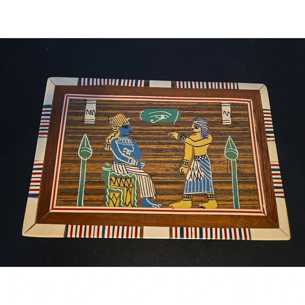 Vintage Hinged Wood‎ Box Mother Of Pearl Carved Egyptian theme 2